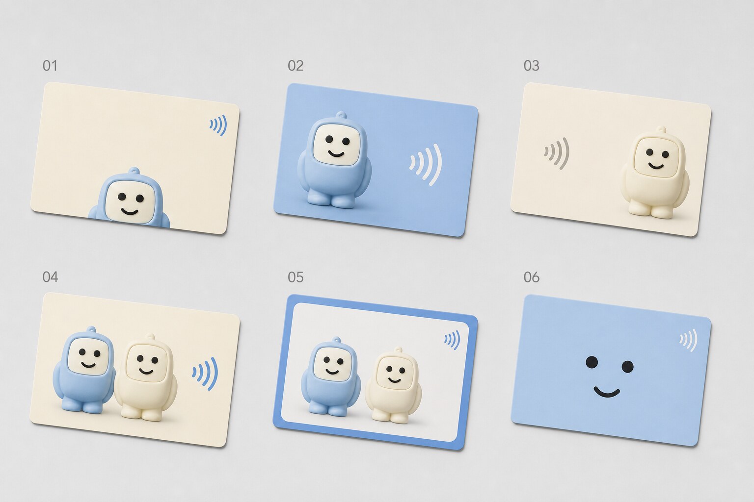 카드형 NFC 키 디자인 6종 시안 — 캐릭터와 NFC 파동이 들어간 카드 01번부터 06번까지